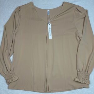 FUNLINGO Women's Beige V Neck Long Sleeve Smocked Cuff Blouse Top‎ Plus Size 2XL
